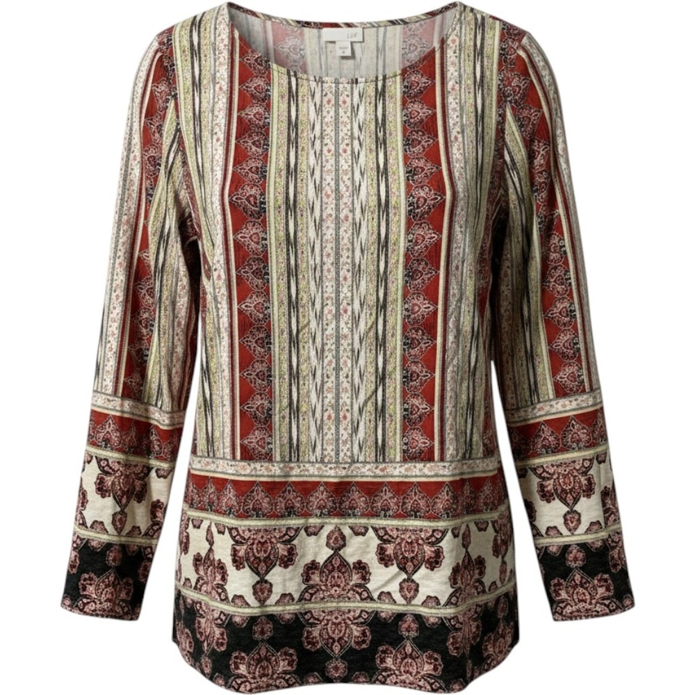J. Jill Top Womens Med Red Multi Pattern Paisley Floral Long Sleeve Scoop Neck